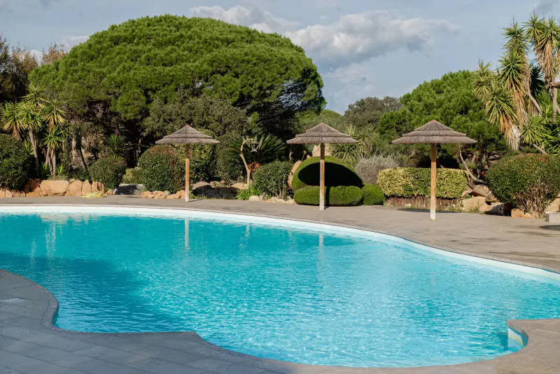 La piscine de la résidence, bordée de parasols en paille et de pins parasols